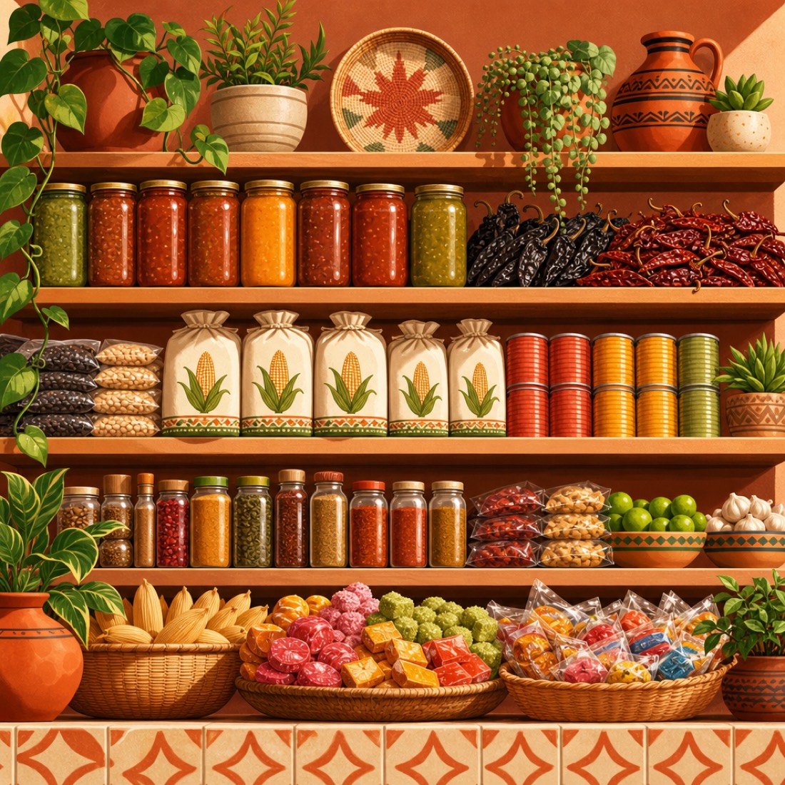 Estantes con abarrotes y productos latinos: salsas, masa, chiles y conservas