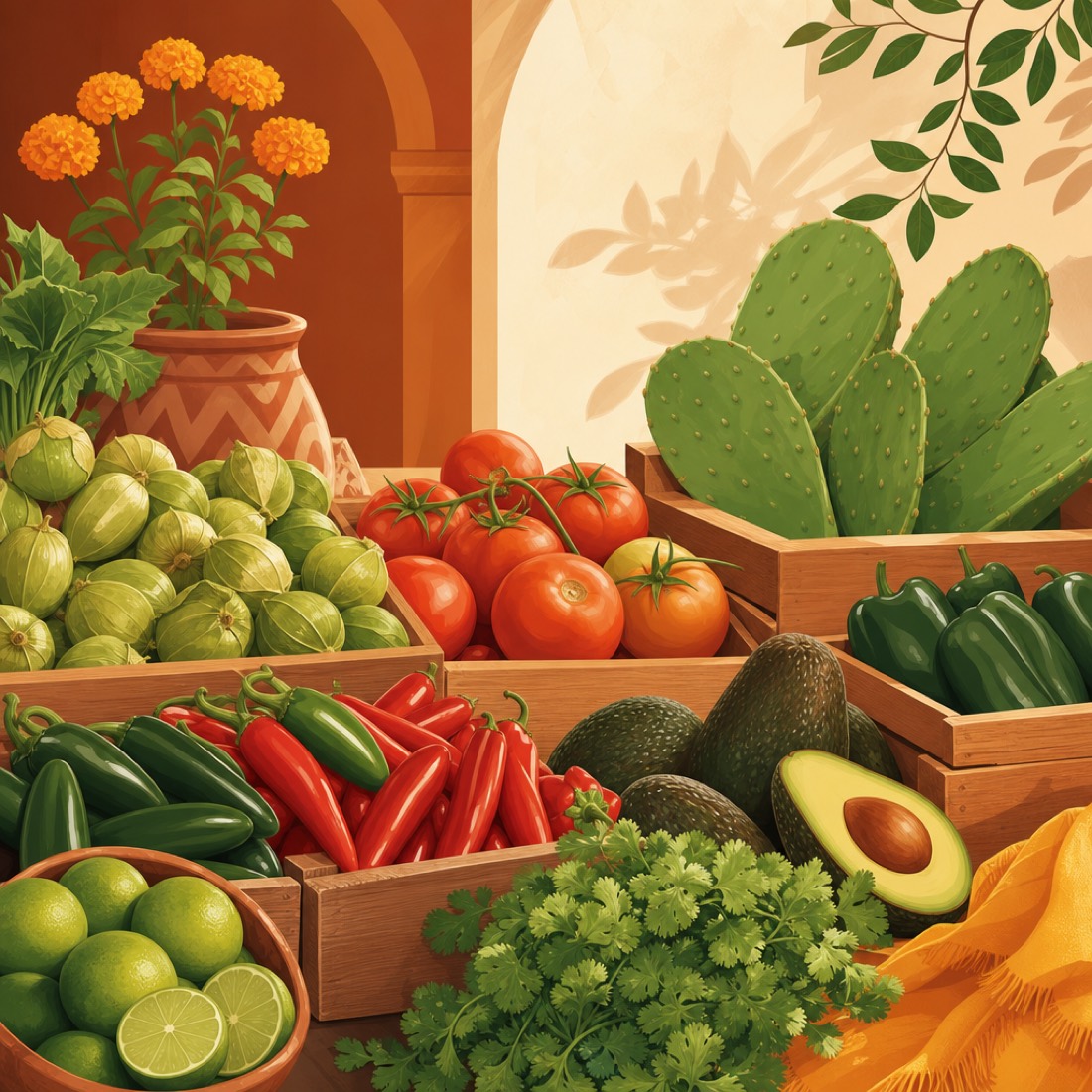 Frutas y verduras frescas: tomatillos, chiles, limones, cilantro y nopales