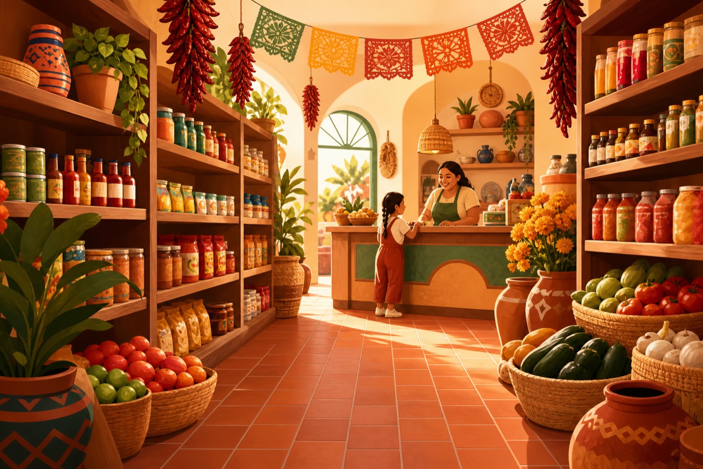 Interior cálido de La Tiendita Resiliente con estantes llenos de productos latinos