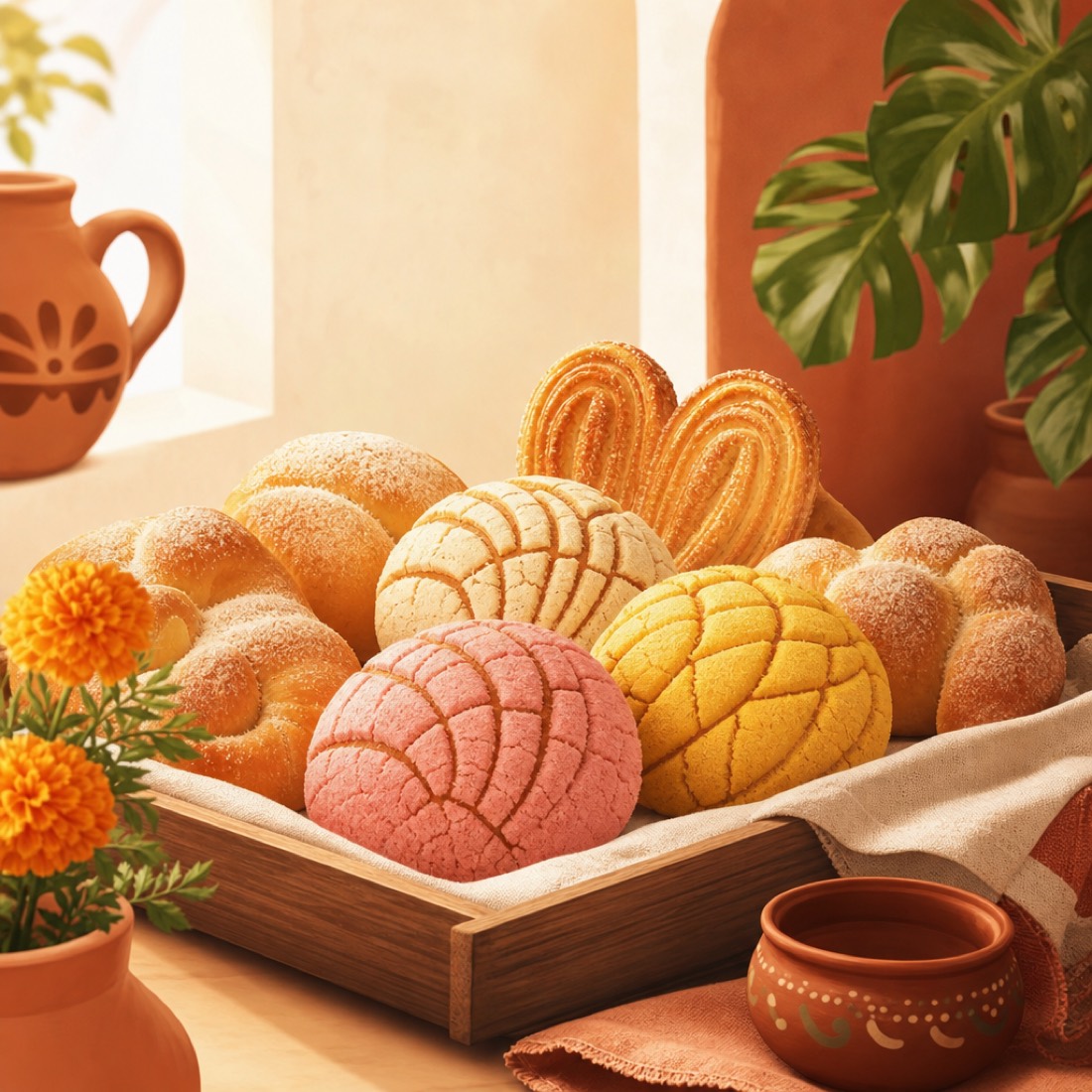 Charola de pan dulce mexicano recién horneado: conchas, orejas y cuernos