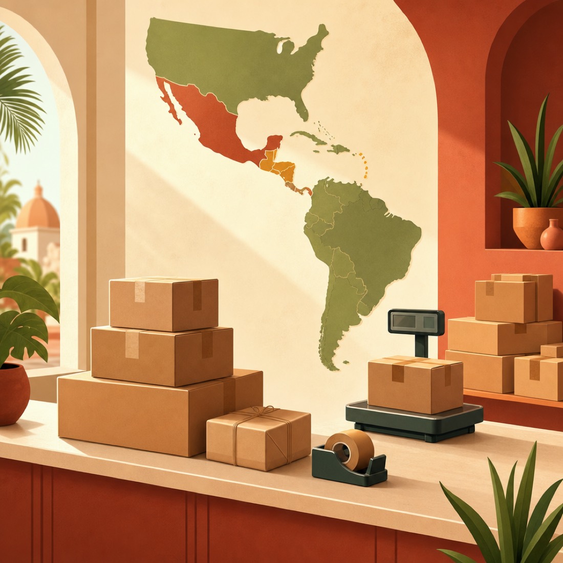 Mostrador de paquetería con cajas listas para enviar